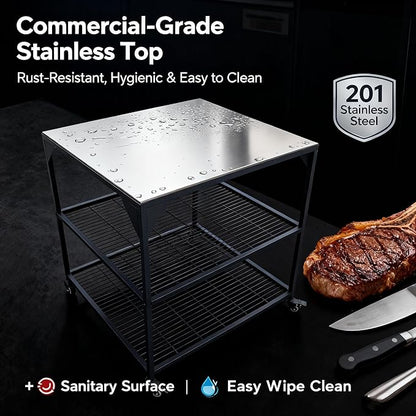 JIN BETTER GRILL PARTS Heavy-Duty Steel Frame Outdoor Kitchen Cart | Stainless Steel Tabletop & 4 Locking Wheels | 31.5" Versatile BBQ Workstation for Ninja, Blackstone, Pizza Ovens