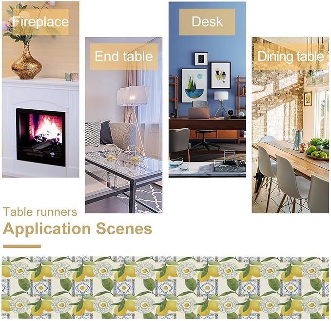 Tiles Lemon Table Runner, Watercolor Italian Tile Floral Plant Print Table Runner for Farmhouse Coffee Home Kitchen Dining Outdoor Party 13x108in