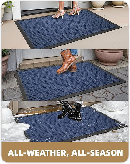 Color&Geometry Front Door Mat Outside Entrance, Heavy Duty Non Slip Low Profile Doormat for Entryway, Trap Dirt and Moisture Welcome Mats All-Weather, Easy Clean, Patio, Garage, 17"x30" Blue