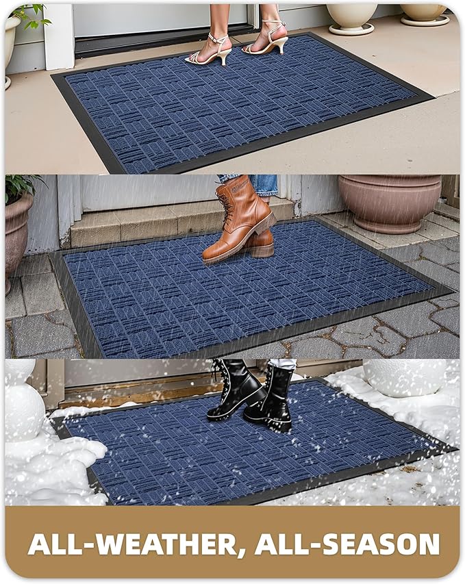 Color&Geometry Front Door Mat Outside Entrance, Heavy Duty Non Slip Low Profile Doormat for Entryway, Trap Dirt and Moisture Welcome Mats All-Weather, Easy Clean, Patio, Garage, 24"x36" Blue