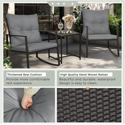 SUNCROWN 3 Piece Outdoor Rocking Bistro Set Black Wicker Furniture Porch Chairs - Image 7