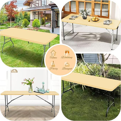 6 Pack Stretch Fabric Table Top Cap Cover, Beige Table Covers fits 8Ft Tables, Washable Elastic Universal Rectangle Tablecloth Protector for Indoor Outdoor Party Picnic Wedding (30" W x 96" L)