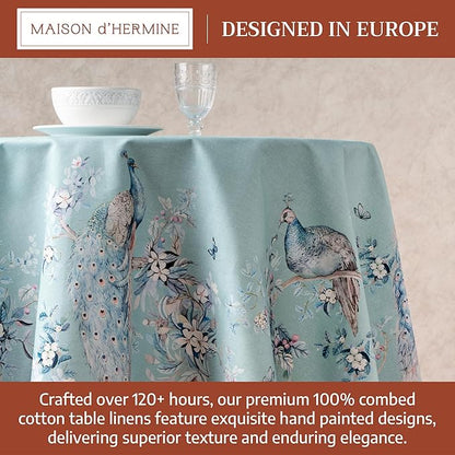 Maison d' Hermine Premium Table Cloth Round Table 100% Combed Cotton 70" Diameter Inches Tablecloth Reusable Decorative for Dining Room Home Party Festive Wedding - Peacock Utopia - Pastel Turquoise