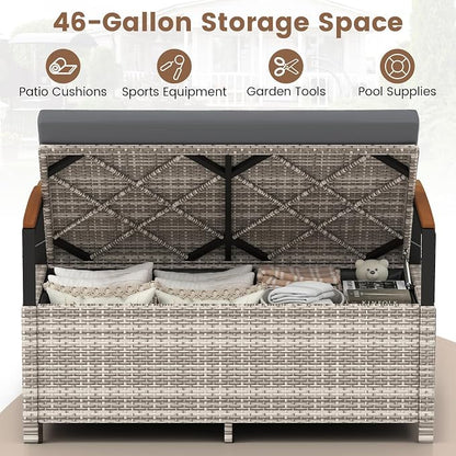 RELAX4LIFE Wicker Outdoor Storage Bench, Rattan Deck Box | 46 Gallon Mix Grey - Image 3