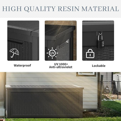 260 Gallon Large Resin deck box Waterproof,Outdoor Storage Bench,Patio Storage Box,Garden Tool Storage,Resin Large Sturdy Deck boxes with Double Wall Panels,Rattan Black