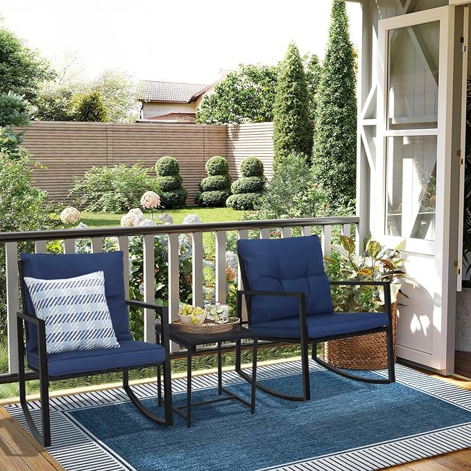 SUNCROWN 3 Piece Outdoor Rocking Bistro Set Black Wicker Furniture Porch Chairs - Image 7