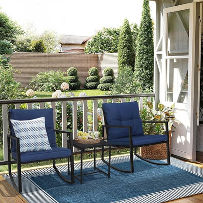 SUNCROWN 3 Piece Outdoor Rocking Bistro Set Black Wicker Furniture Porch Chairs - Image 7