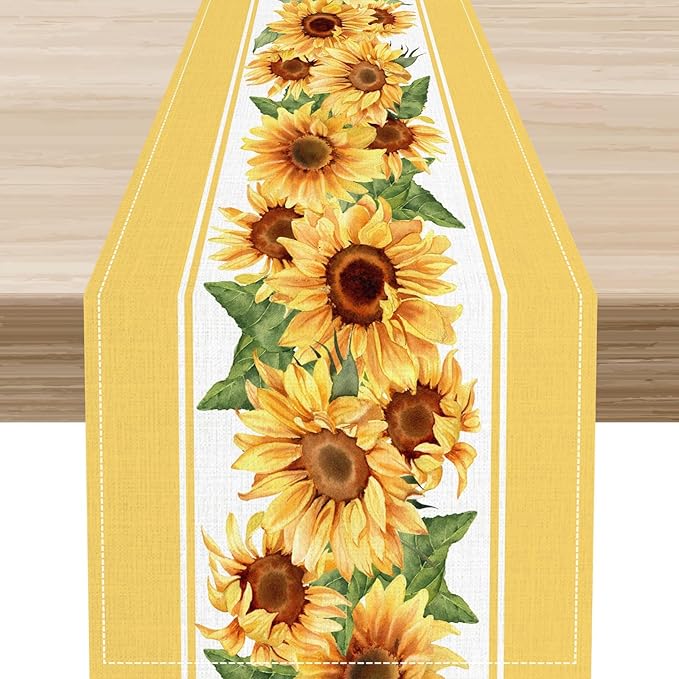 Yellow Sunflower Table Runner, Rustic Farmhouse Summer Sunshine Boho Floral Bee Rural Cottage Watercolor Decorations Table Decor for Home Kitchen Dining Patio Indoor Outdoor Cafe, 13"x108" Inch