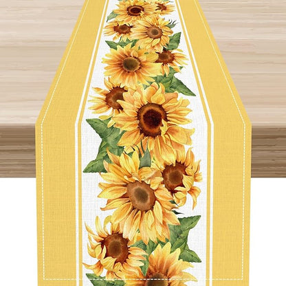Yellow Sunflower Table Runner, Rustic Farmhouse Summer Sunshine Boho Floral Bee Rural Cottage Watercolor Decorations Table Decor for Home Kitchen Dining Patio Indoor Outdoor Cafe, 13"x108" Inch
