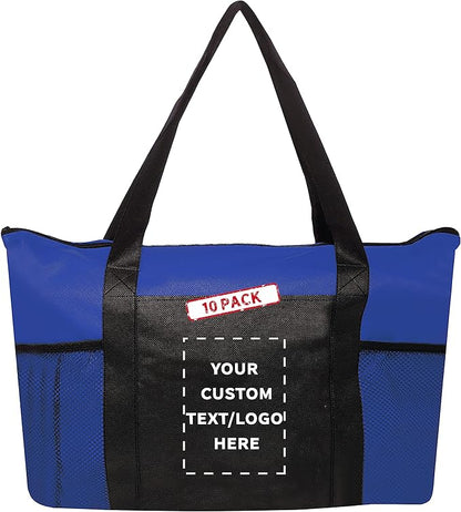 DISCOUNT PROMOS 10 Zippered Non-Woven Tote Bags Set - Customizable Text, Logo - Mesh Pocket, Zippered, Recyclable, Reusable - Blue - 19"X14"X3", with Zipper