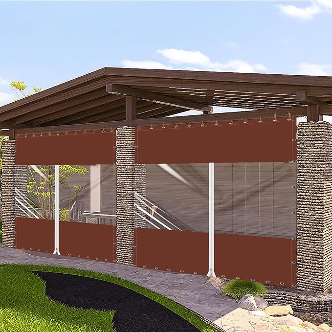 20 Oz Outdoor Vinyl Curtain with Double Sided Zip, Outdoor Clear Panel Curtain, Weather Resistant Outdoor Curtain for Pergola, Porch, Gazebos, with Rustproof Grommets (8'H x 7'W, Brown)