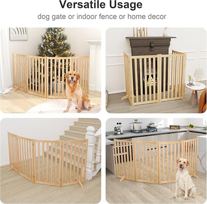 36" Height Extra Tall Freestanding Pet Gate, Solid Wood Folding Safety Fence Wooden Dog Gate with 2 PCs Support Feet Ideal for Stairs, Doorways, Halls, Kitchens, Heavy Duty Gates, 4 Panels, Oak