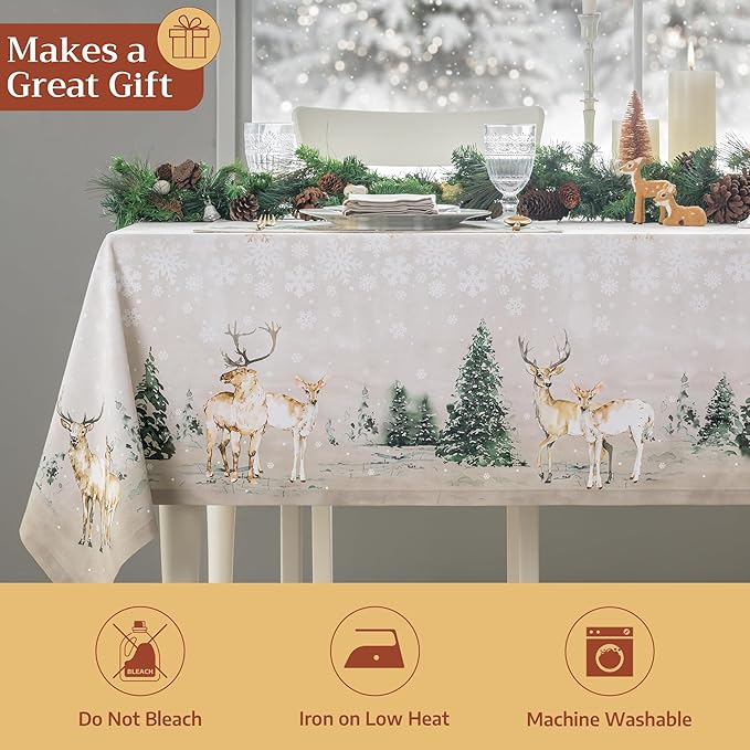 Maison d' Hermine Table Cloth Rectangle Table 100% Cotton 70 x 120 Inches Fall Tablecloth Reusable Everyday Use for Thanksgiving Christmas Decorations Dining Farmhouse Party (Deer in The Woods)