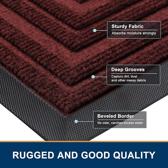 Buganda Front Door Mat Indoor Outdoor Entrance, Non-Slip Natural Rubber Doormats, Easy Clean, Low Profile, Dirt Trapper Entryway Floor Mats for Outside, Garages and Patios, 36x24, Wine Red