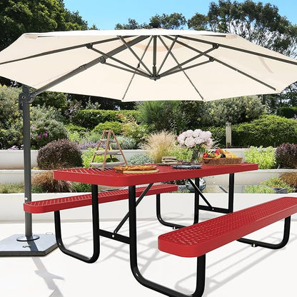 6FT Picnic Tables for Outdoors, Rectangular Commercial Metal Picnic Table Bench Set with Umbrella Hole,Heavy Duty Steel Weather-Resistant Dining Table for Patio Dining Garden Backyard BBQ School