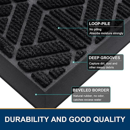 Smiry Front Door Mat Outside Entrance, Heavy Duty Sturdy Natural Rubber Doormat, Trap Dirt and Moisture, Easy Clean Low Profile Mats for Indoor Outdoor Entry, Grid Geometric (29.5x17, Black)