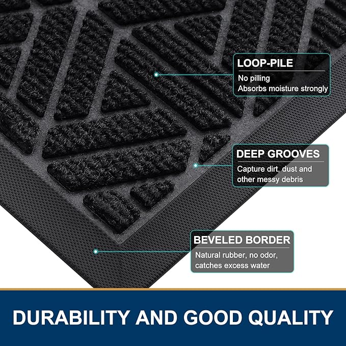 Smiry Front Door Mat Outside Entrance, Heavy Duty Sturdy Natural Rubber Doormat, Trap Dirt and Moisture, Easy Clean Low Profile Mats for Indoor Outdoor Entry, Grid Geometric (71x24, Black)