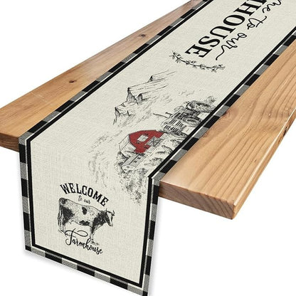 Farmhouse Table Runner, Rustic Country Barn Cottage Rooster Cow Check Animal Plank Coffee Table Center Decor for Home Kitchen Dining Patio Holiday Party Indoor Outdoor Table Decorations 13"x36"