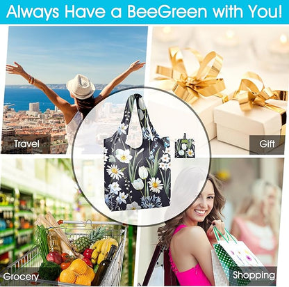BeeGreen Floral Reusable Grocery Bags Bulk 6 Packs X-Large50LBS, Reusable Shopping Bags Foldable for Groceries, Vegetables, Fruits Bulk Tote Bags Washable For Women Men