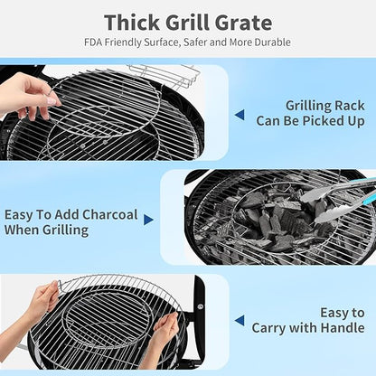 22.5-Inch Portable Charcoal Grill, Heavy Duty Kettle BBQ Smoker with Built-in Thermometer & Removable Water-Rinsable Ash Catcher for Outdoor Camping, Patio, Backyard, and Tailgating