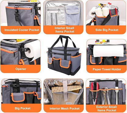 Large BBQ Grill Caddy with Paper Towel Holder, Foldable Insulated Picnic Organizer Bag for Outdoor Grilling, Tailgating, Camping, RV Trips, Must-Have Storage for Cooking Tools Supplies