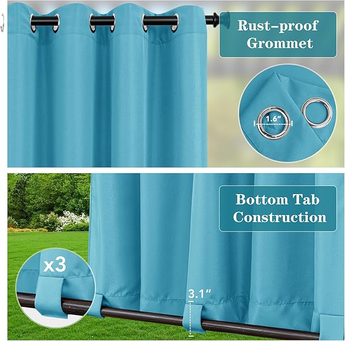 HolidayIdeas Patio Curtains Outdoor Waterproof 4 Panels 54x84 Inch-Windproof Weatherproof Privacy Teal Outside Curtains-Grommet Top and Tab Bottom Drape for Gazebo, Porch, Pergola, Cabana, Backyard
