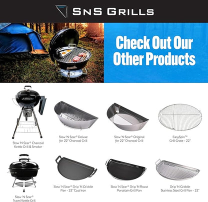 SnS Grills Slow ‘N Sear Charcoal Inserts for Low ‘N Slow & High-Heat Cooking - Patented Stainless Steel Accessories for Weber Summit and Similar Kettle Grills - Low Profile 22"