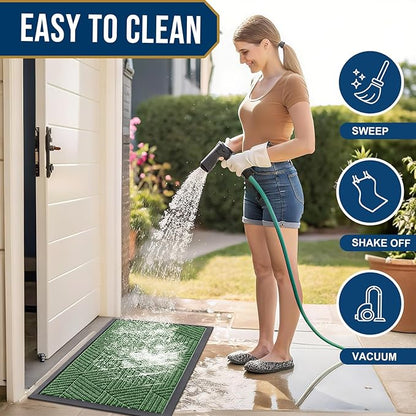 Smiry Front Door Mat Outside Entrance, Heavy Duty Sturdy Natural Rubber Doormat, Trap Dirt and Moisture, Easy Clean Low Profile Mats for Indoor Outdoor Entry, Irregular Triangle (59x35, Green)