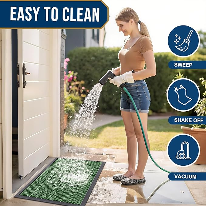 Smiry Front Door Mat Outside Entrance, Heavy Duty Sturdy Natural Rubber Doormat, Trap Dirt and Moisture, Easy Clean Low Profile Mats for Indoor Outdoor Entry, Irregular Triangle (47x32, Green)