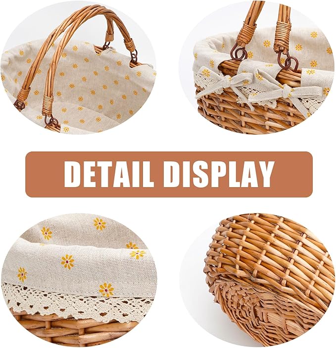 G GOOD GAIN Wicker Picnic Basket with Double Folding Handles,Willow Picnic Hamper,Natural Hand Woven Easter Basket,Easter Eggs and Candy Basket,Bath Storage,Gift Packing Basket.Yellow