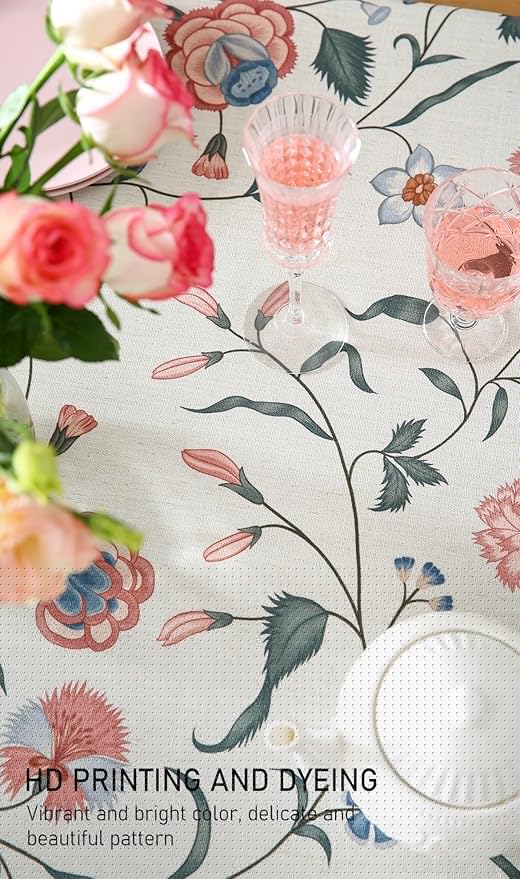 ISAENNE Designer Chinoiserie Linen Floral Long Tablecloth Rectangle,White Wrinkle Resistant Table Cloth,Elegant Decor Tablecloths for Dining Thanksgiving Kitchen Party Christmas,63"*94"-Daffy