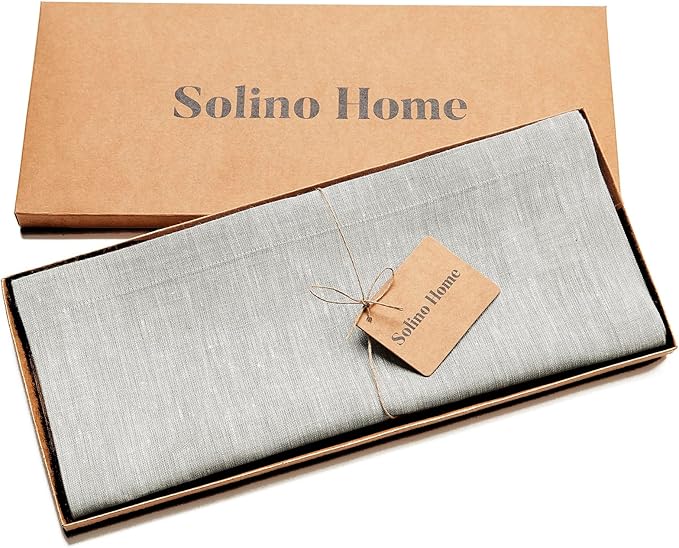 Solino Home Linen Table Runner 156 Inches Long - Athena, 100% Pure Linen Oyster Grey Dining Table Runner 14 x 156 Inch for Spring, Easter