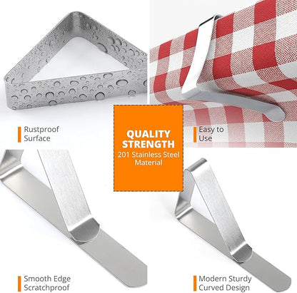 12 Pack Tablecloth Clips with 3 Tablecloths - Stainless Steel, Heavy Duty Table Clips for Home, Restaurants, Picnic, Party, Dining Tables - Fits Up to 1.8 Inch Thick Tables