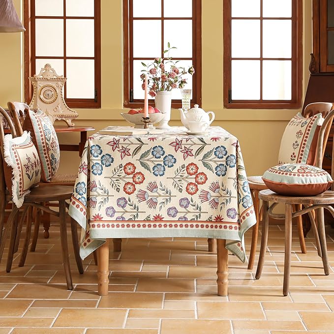 French Linen Rectangle Tablecloth,Vintage Colorful Multiple Prints Soft and Durable Tablecloths,Decor Table Cover for Kitchen,Dining,Tea Party,Thanksgiving,Christmas,63"*87"-Lohi