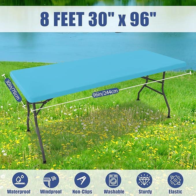 Spandex 8 Foot Rectangle Table Cloth 6 Pack, Elastic Fitted Tablecloths for Picnic, Stretch Washable Patio Table Cover for Outdoor, Camping, Banquet and Parties (Blue Mist, 30"x96")