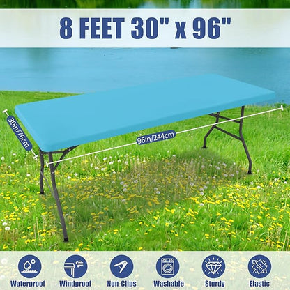 Spandex 8 Foot Rectangle Table Cloth 6 Pack, Elastic Fitted Tablecloths for Picnic, Stretch Washable Patio Table Cover for Outdoor, Camping, Banquet and Parties (Blue Mist, 30"x96")