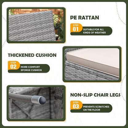 Devoko Dining 7 PCS Furniture, Patio Conversation Set with Acacia Wood Table Top, Outdoor, Beige Cushion and Grey Rattan