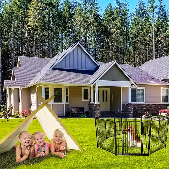 ADAVIN Garden Fence Panels, 36 Inch High, Black, Modern Style, 8 Panels Total 17.7 Ft(L) Tall, Low Threshold Door, Anti-Dig Fence Barrier