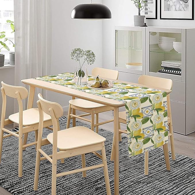 Tiles Lemon Table Runner, Watercolor Italian Tile Floral Plant Print Table Runner for Farmhouse Coffee Home Kitchen Dining Outdoor Party 13x60in
