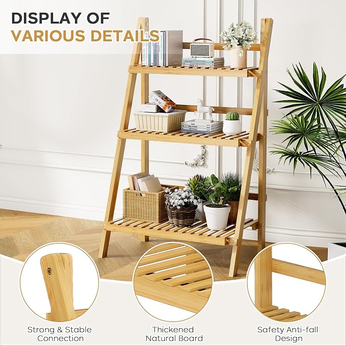 Foldable Ladder Shelf 39.4", Plant Shelf 3 Tier, Bamboo Ladder Flower Pot - Image 7