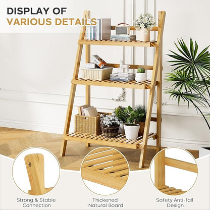 Foldable Ladder Shelf 39.4", Plant Shelf 3 Tier, Bamboo Ladder Flower Pot - Image 7