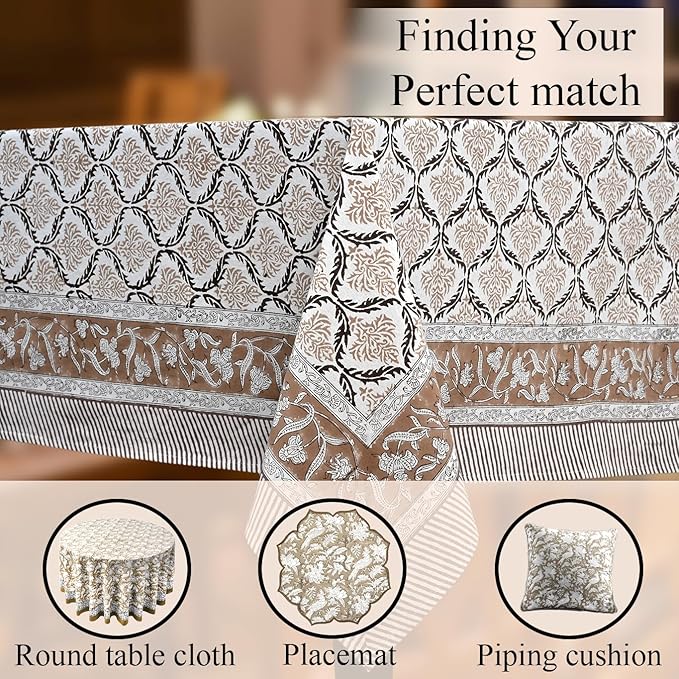 CPC Sandstone Regal Tablecloth 100% Cotton 60x60 Inch Indian Block Print Rectangle Table Cover, Table Cloth for Gifting in Weddings, Halloween, Fall, Christmas, Thanksgiving