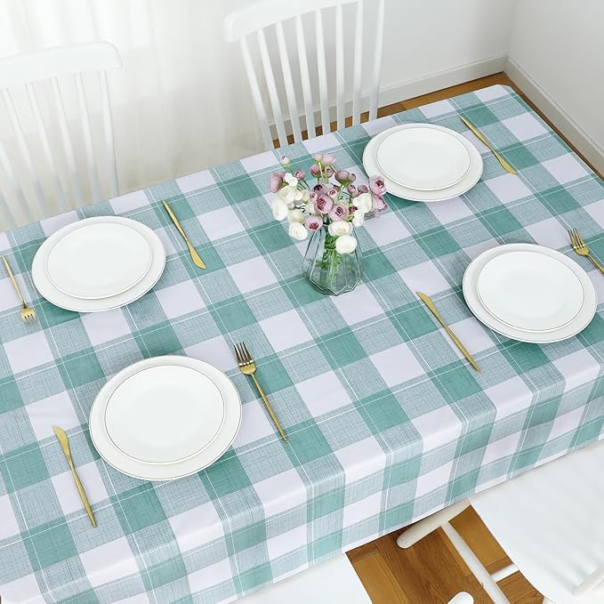 Romanstile Square Plastic Tablecloth, 100% Waterproof Oil-Proof Checkered PVC Table Cloth, Heavy Duty Vinyl Table Cover for Dining, Camping, Picnic, Outdoor - 54 x 54 Inch, Sage Green Checkered