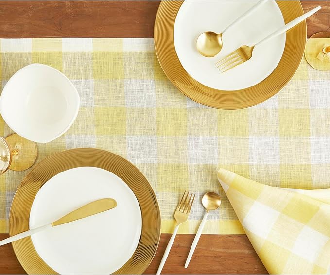 Solino Home Linen Checkered Table Runners 72 Inches Long - 100% Pure Linen Yellow and White Buffalo Check Table Runner 14 x 72 Inch Ideal for Dresser, Dining, Spring, Easter
