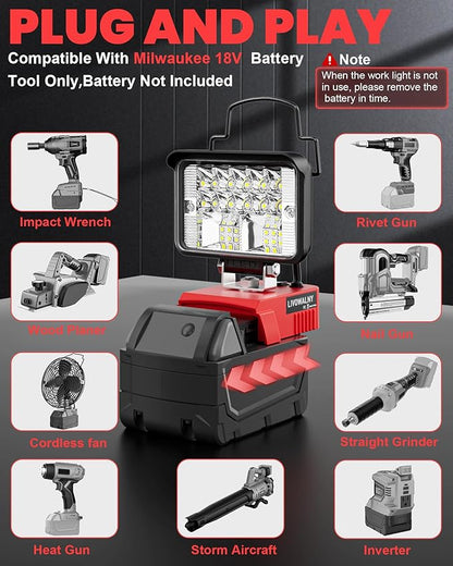 LIVOWALNY LED Work Light Compatible with Milwaukee Battery, 38W 3000 LM Portable Flood Light with Low Voltage Protection, USB & Type-C Output Port for Construction, Camping, Emergency, Bare Tool Only