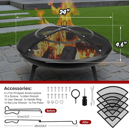 Fire Pit Spark Screen,24 Inch Fire Pit Screen Cover Outdoor with Handle&Poker,Firepit Screens Round Cover Mesh Replacement Heavy-Duty Steel Fire Pit Cover for Backyard/Beach/RV Camping