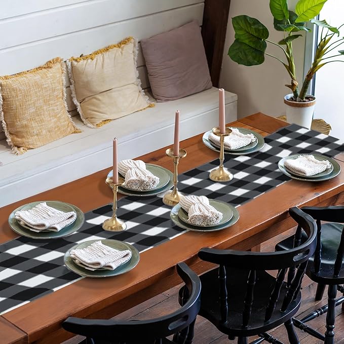 Fabric Checkered Table Runner 12 Pack Waterproof Gingham Table Runner 14W x 108L Buffalo Check Table Runners for Parties Kitchen Dining Wedding Banquet (Black and White)