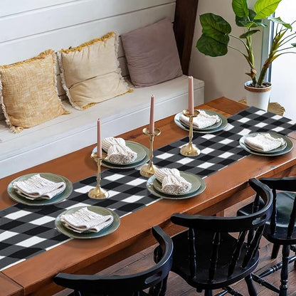 Fabric Checkered Table Runner 6 Pack Waterproof Gingham Table Runner 14W x 108L Buffalo Check Table Runners for Parties Kitchen Dining Wedding Banquet (Black and White)