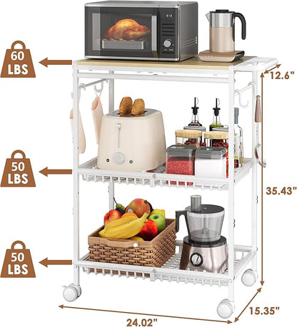 Microwave Kitchen Cart with 2 Lockable Wheels, White Kitchen Storage Cart with Push Handle, 3 Tier Rolling Cart with 160Lbs Capacity for Kitchen Island, Restaurant, Coffee Bar, Living Room, Office