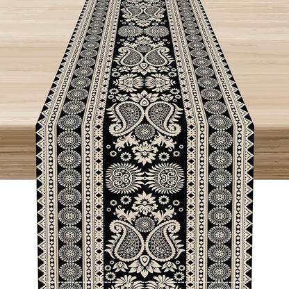 Black Paisley Table Runner, Rustic Damask Antique Floral Flower Retro Boho Swirled Pattern Coffee Vintage Table Center Decor for Family Kitchen and Living Room Outdoor Table Decorations, 13" X 108"